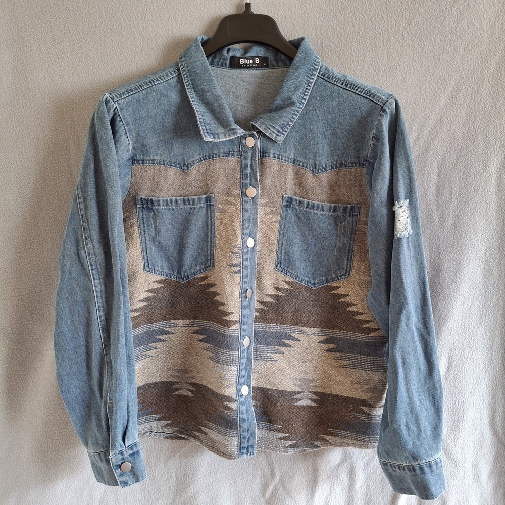 Blue B Collection Women's Large‎ Denim Aztec Southwestern Shacket Jacket Shirt